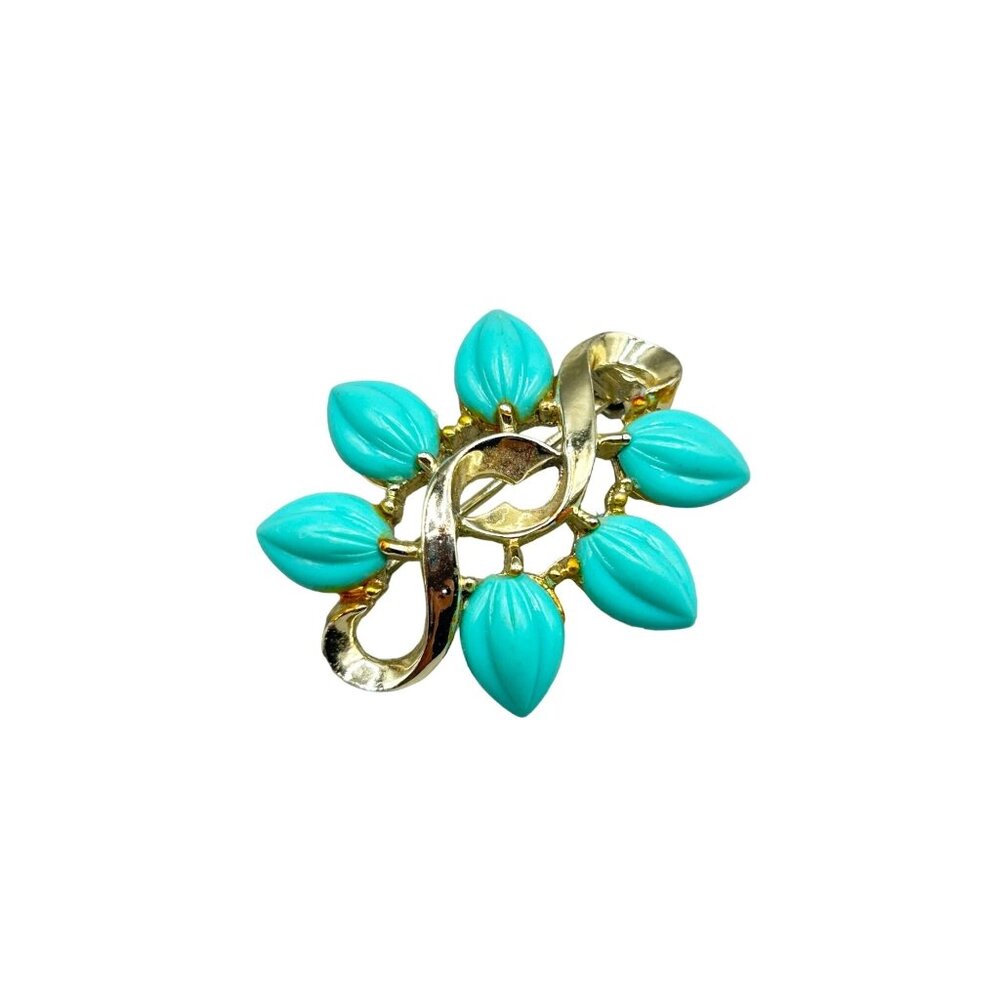 Vintage Mid Century Aqua Blue Leaf Gold Tone Pin Brooch Statement Pin